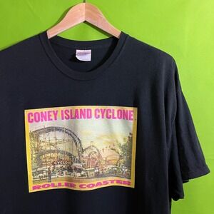 XXL 90s Hanes Coney Island Cyclone Roller Coaster Black Vintage Tee Shirt Adult